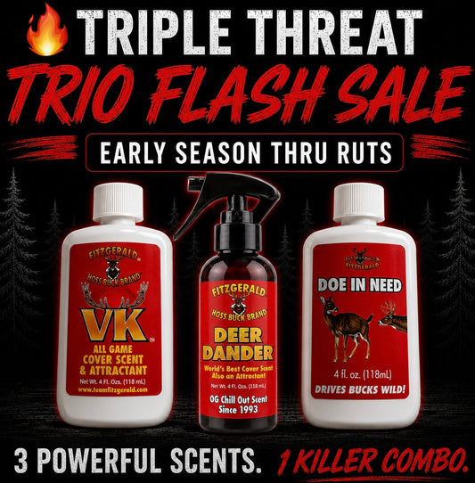 A DEER DANDER PRO STYLE VK DOE IN NEED TRIPLE THREAT TRIO DISCOUNT SAVINGS PACKAGE